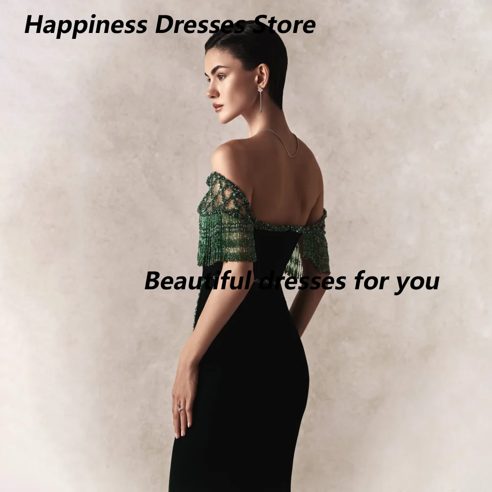 Customized Off Shoulder Green Fringe Beaded Mother Of The Bride Gown Black Velvet Mermaid Front Slit Wedding Maxi Dress