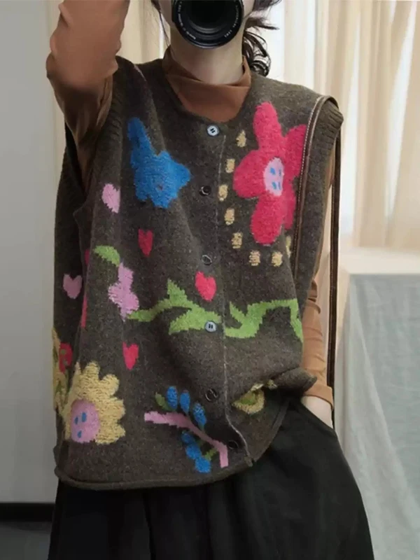 

Loose Women's Open Cardigan Knitted Vest Top Wear Outerwear Sweater Animal Pattern Long Sve round Ne Regular Length