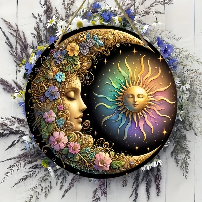 Mandala Art Style Sun and Moon Wall Plate-classic Design and Manufacture of Metal Decorative Logo, 8x 8 Inches, Floral Pattern