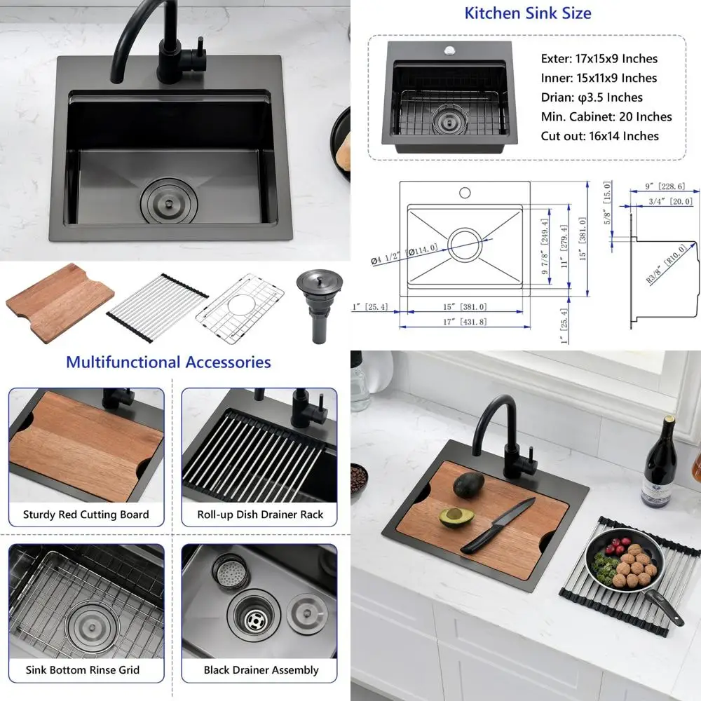 

Gunmetal Black Drop-In Kitchen Bar Sink, 17x15 Inches Stainless Steel Topmount Workstation for Small Kitchen Spaces
