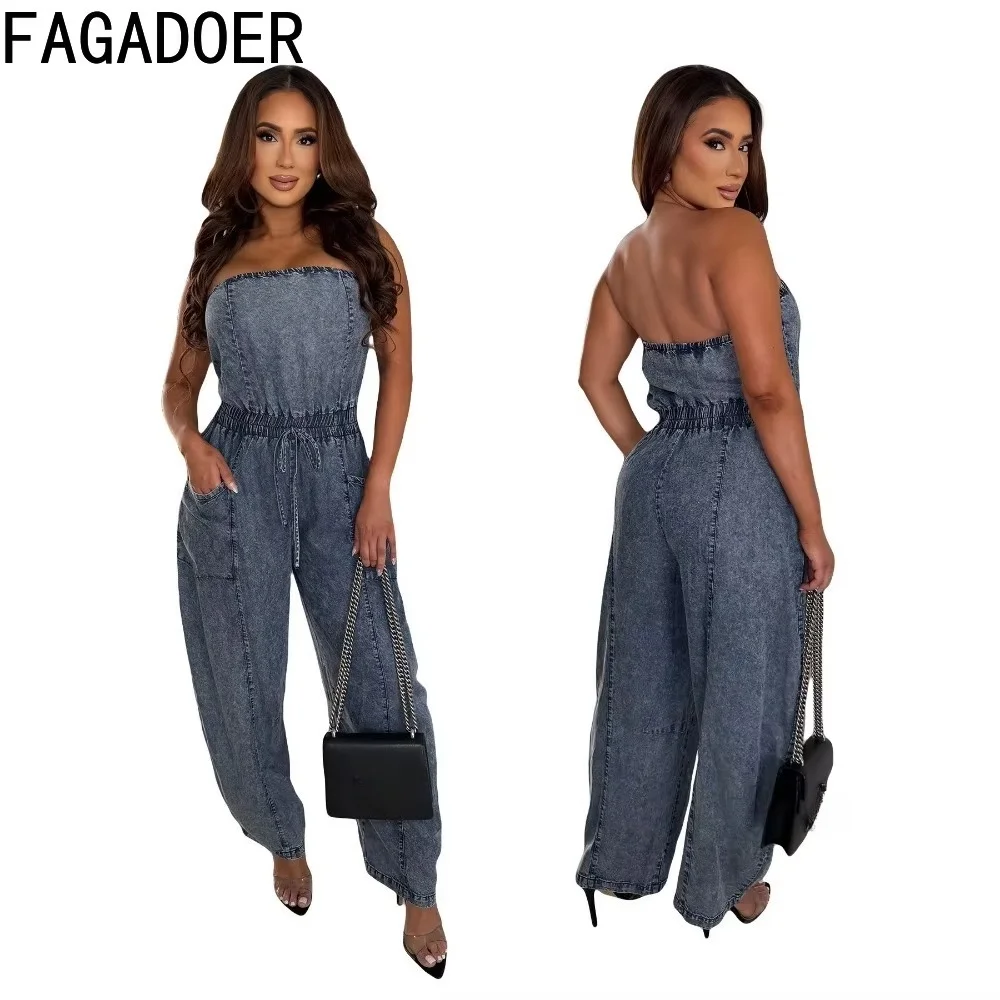 FAGADOER Y2K Vintage Off Shoulder Denim Jumpsuits Women Casual Wide-leg Jean Rompers Summer Streetwear Party Club Playsuits New