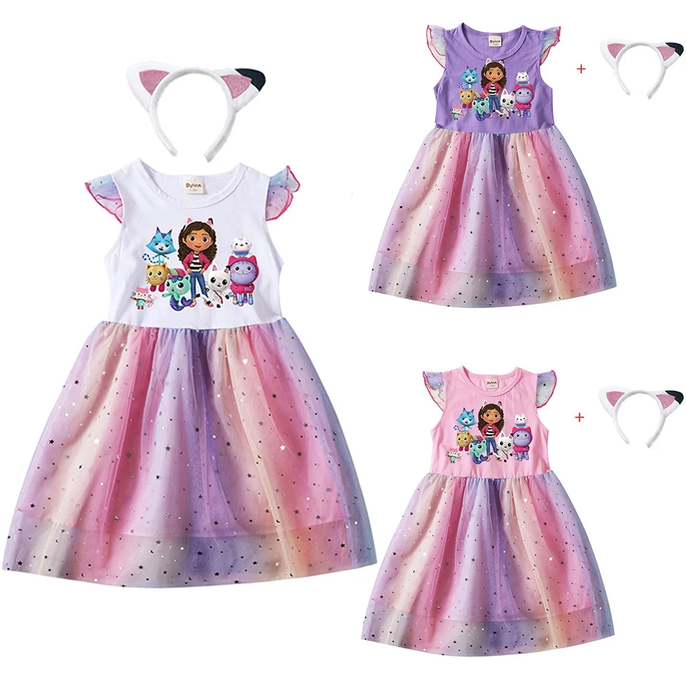 2PCS Baby Girl Princess Dresses + Headband Cartoon Gabby Cats for Kids Clothes Cosplay Costume Children Fly Sleeve Casual Dress