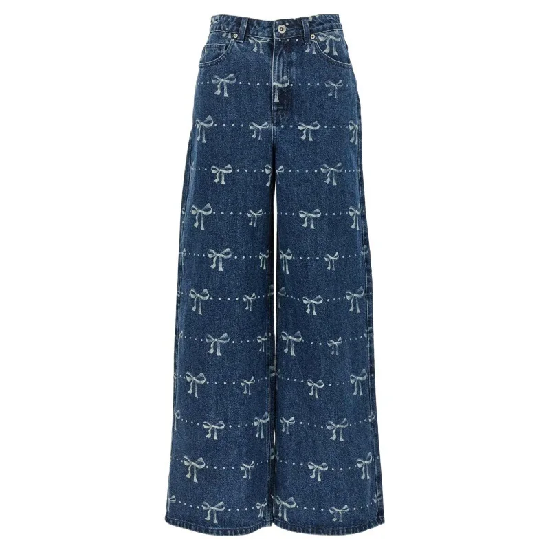 ANJY otoño nueva mujer lazos decoración impreso fresco elegante tendencia pantalones vaqueros de pierna ancha moda versátil Chic pantalones vaqueros A11034