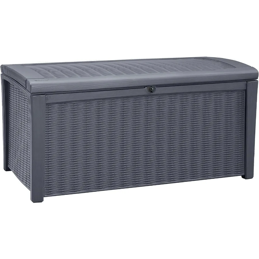 

Borneo 110 Gallon Storage Box AllWeather Wicker RattanStyle Resin Deck Box and Stylish Outdoor Bench with PistonAssisted Lockab