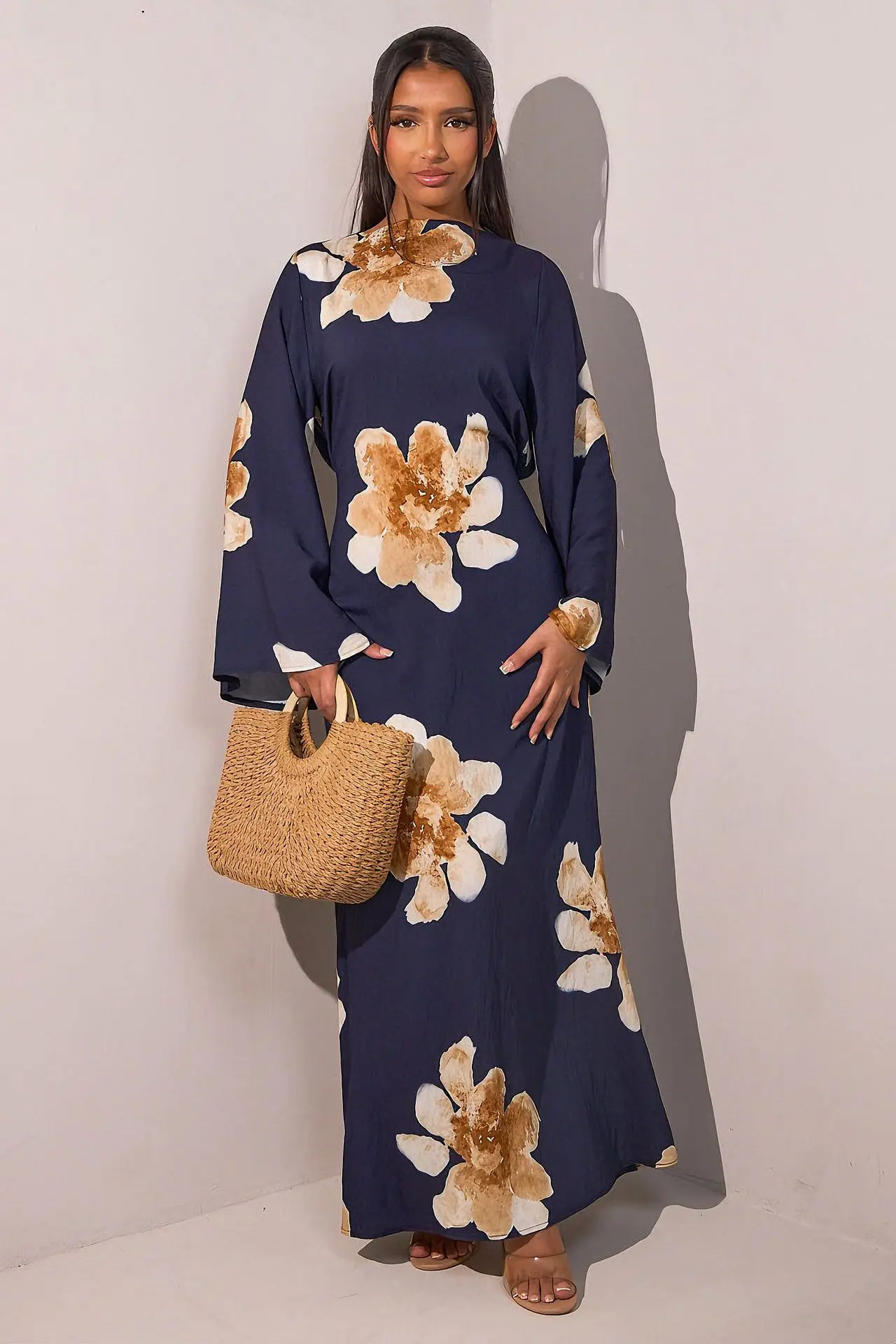 

Fashion Women Flare Sleeve Islamic Robe Maxi Vestidos Muslim Abaya Dubai Sundress Autumn Floral Printed Dresses Kaftan Turkey