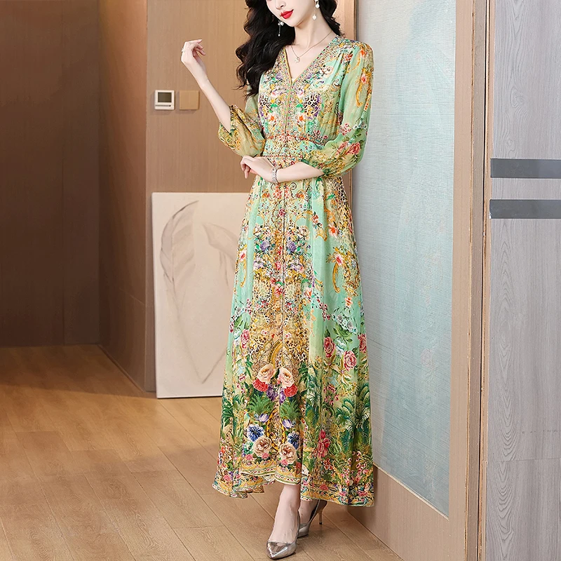 Summer 2025 Luxury Silk Diamonds Maxi Dress Women's Vintage Print Elegant Evening Prom Dress Spring Holiday Boho Hepburn Vestido