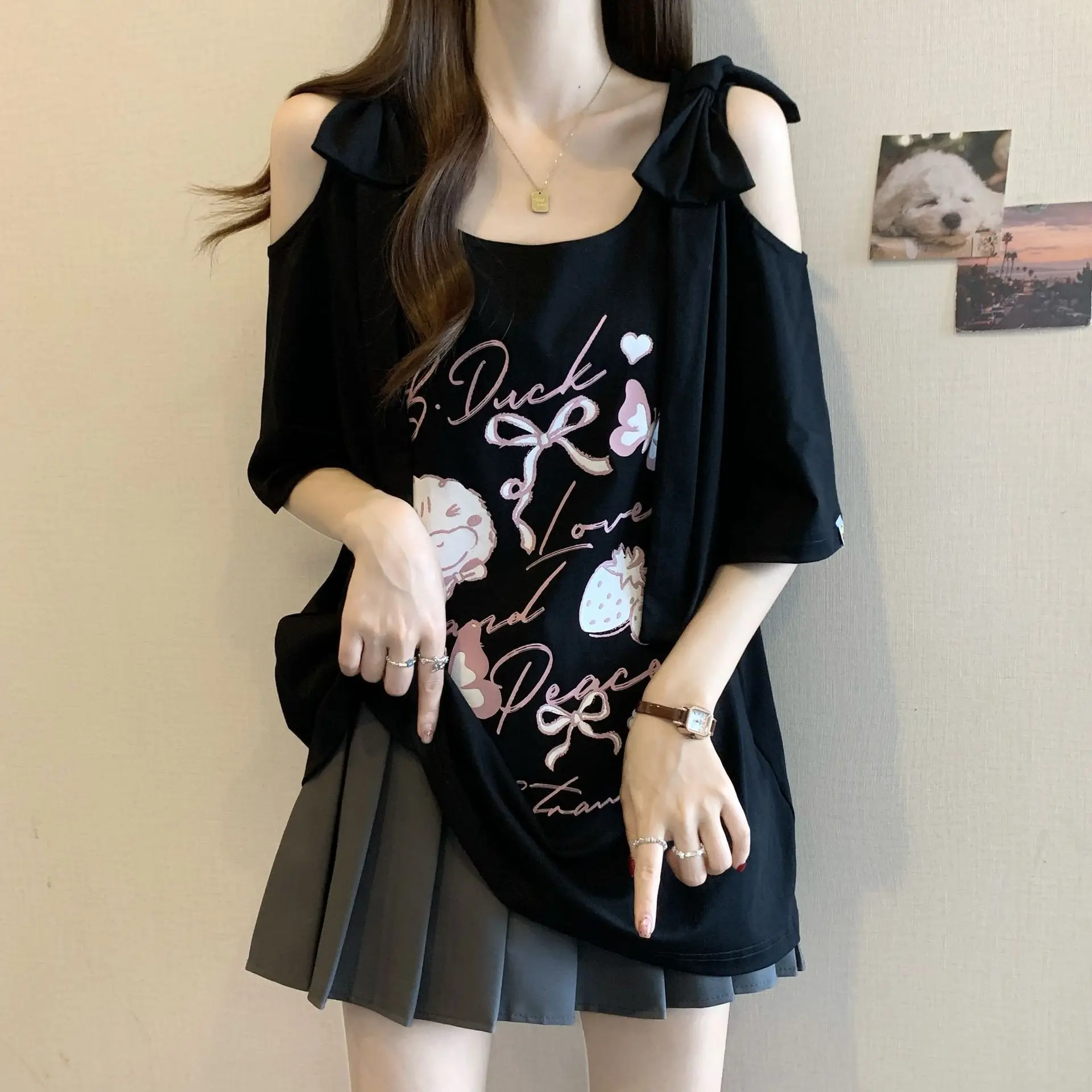 Summer Large-size Women's Clothing New Sweet Wind Loose and Thin Printed Bow Off-the-shoulder Short-sleeved T-shirt - view 4