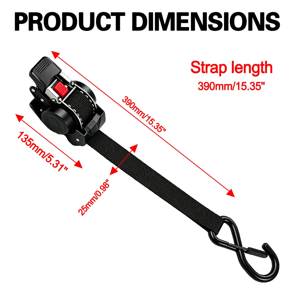 2x Single Hook Bolt-on Auto Retractable Ratchet Straps 1 Inch Tie Down Straps for Boats Jet Skis Motorcycles ATVs view 2