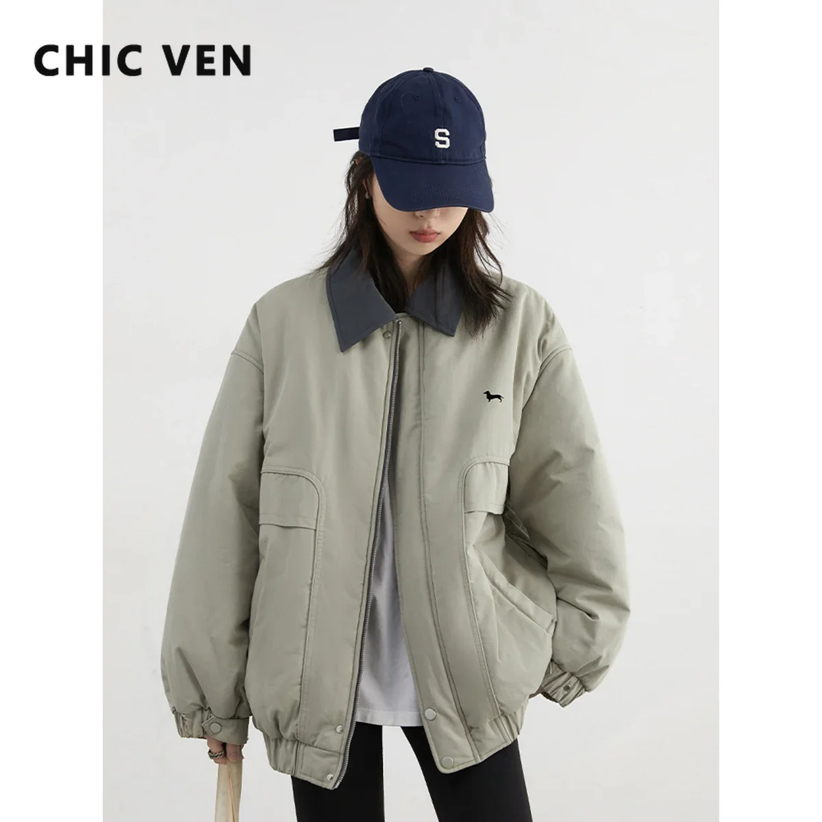 CHIC VEN Women Jackets Retro Casual Loose Workwear Cotton Coats Fashion Contrasting Lapel Cotton-padded Clothes Winter New 2024