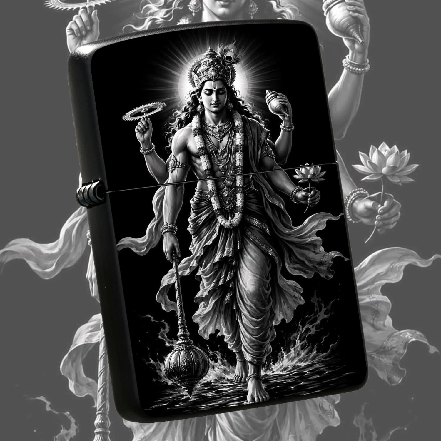 Vintage Lord Vishnu Themed Lighter, Exquisite Monochrome Hindu Deity Art Pattern, Portable Stylish Accessory For Daily Use Outdoor Camping Travel, Ideal Cultural Themed Present For Festival Gifting Daily Carry, Fits All Scenarios For Men An