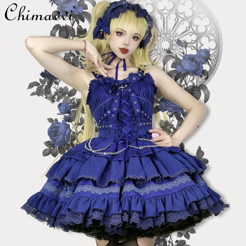 

Original Japanese Punk Dark Girl High Waist Jsk Dress Short Dress Elegant Bubble Sleeve Vest Jacket Y2k Goth Style Lolita Sets