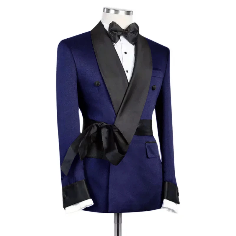 Men\'s Jacket Black Belt Shawl Lapel Slim Fit Double Breasted Clothing Groomsmen Suit New Fashion Business Wedding Tuxedo Blazer