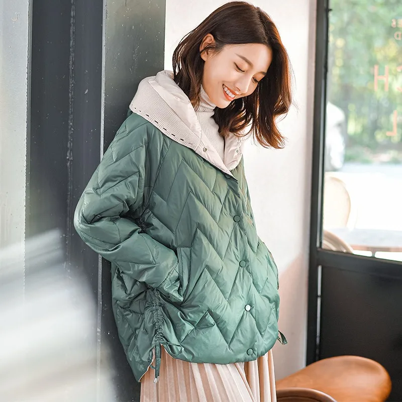 Women's Lightweight Down Jacket Short Autumn Winter New Style Knitted Hat Outerwear Fashionable Cocoon Shape Petite Hooded
