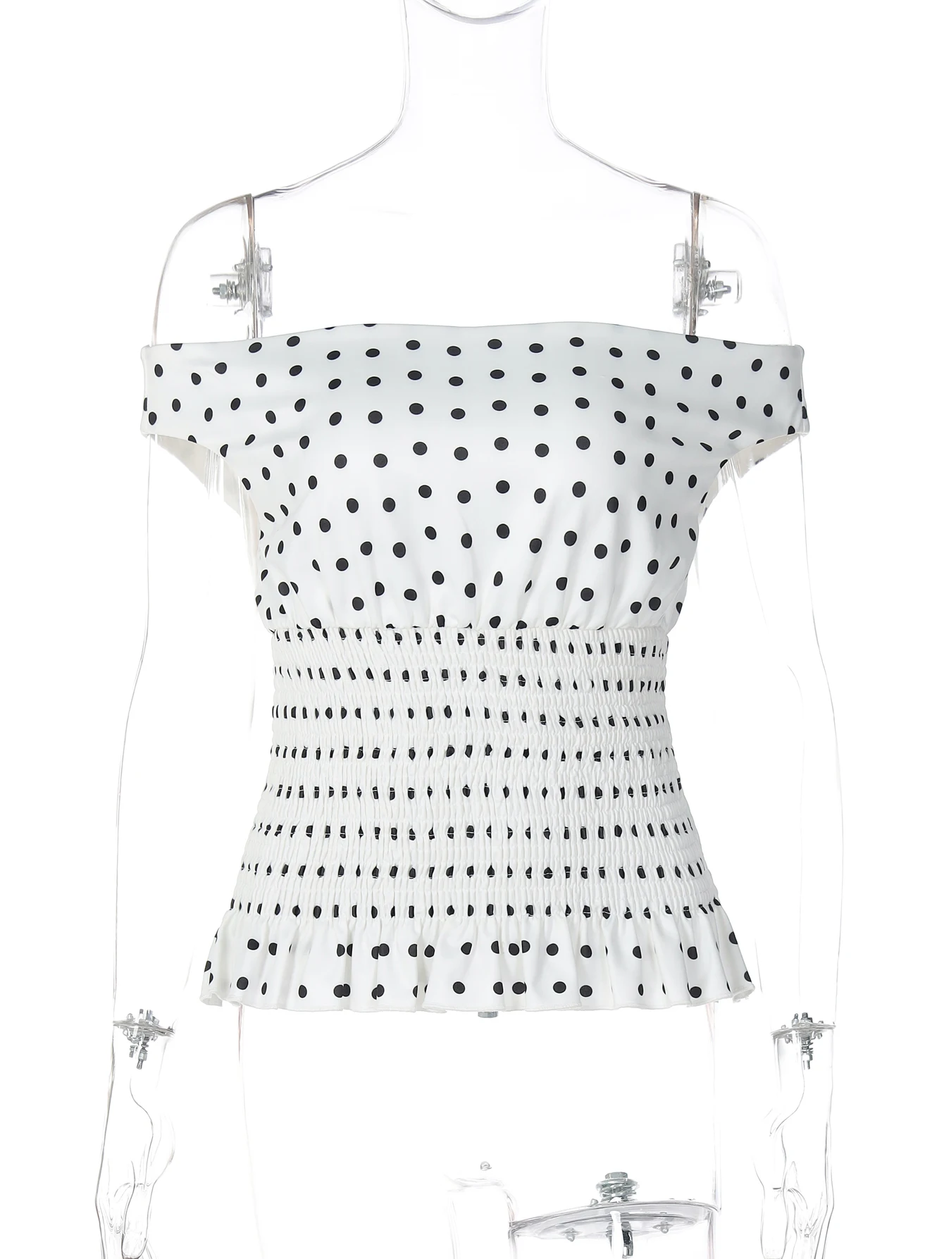 Dulzura 여름 패션 섹시한 오프 숄더 백리스 폴카 도트 셔링 슬림 티셔츠 여성 캐주얼 다목적 스트리트 스타일 Y2K 복장