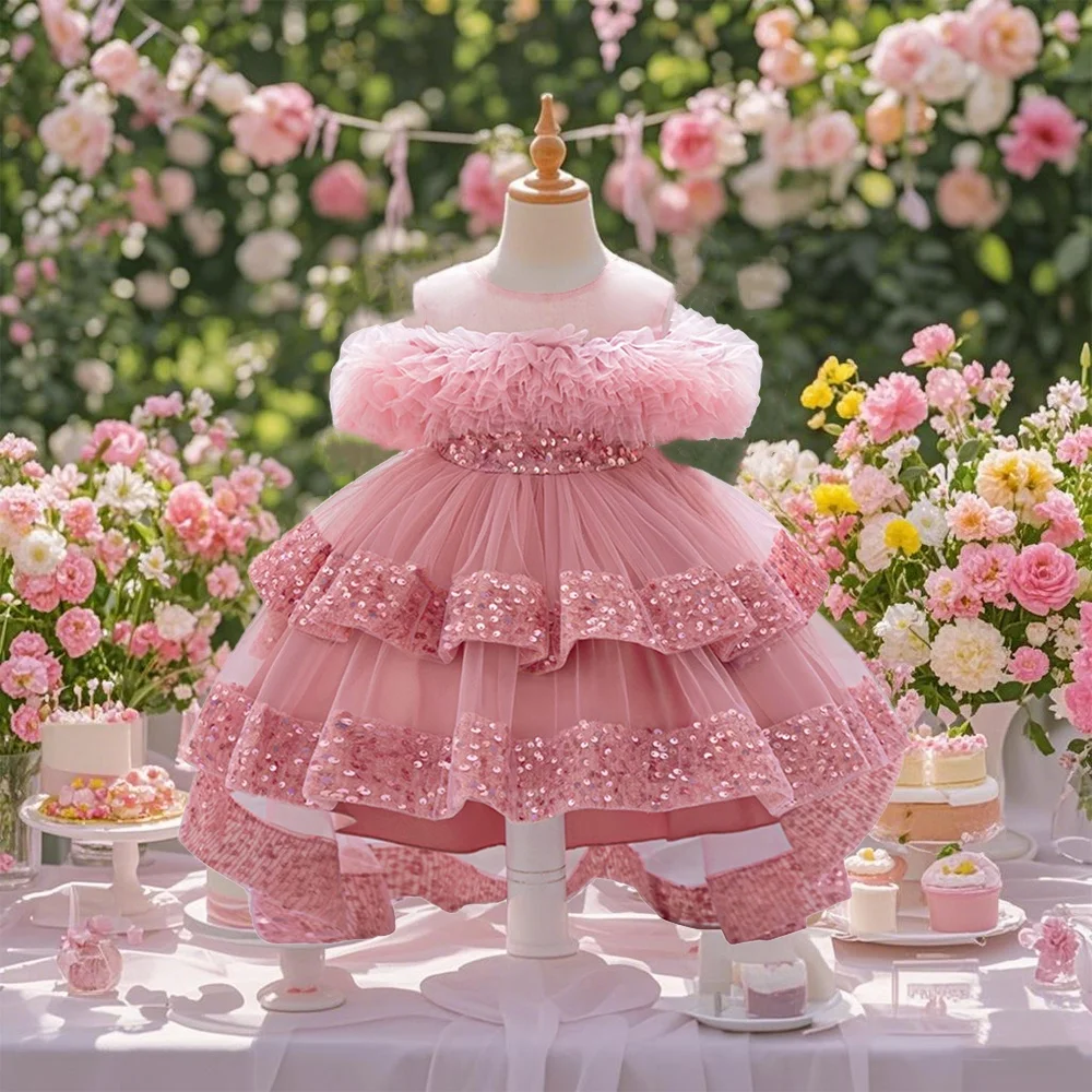 

Розовое платье с цветочным принтом для молодых девушек идеально подходит для летних каникул, модные детские платья, высококачественный дизайн с блестками.