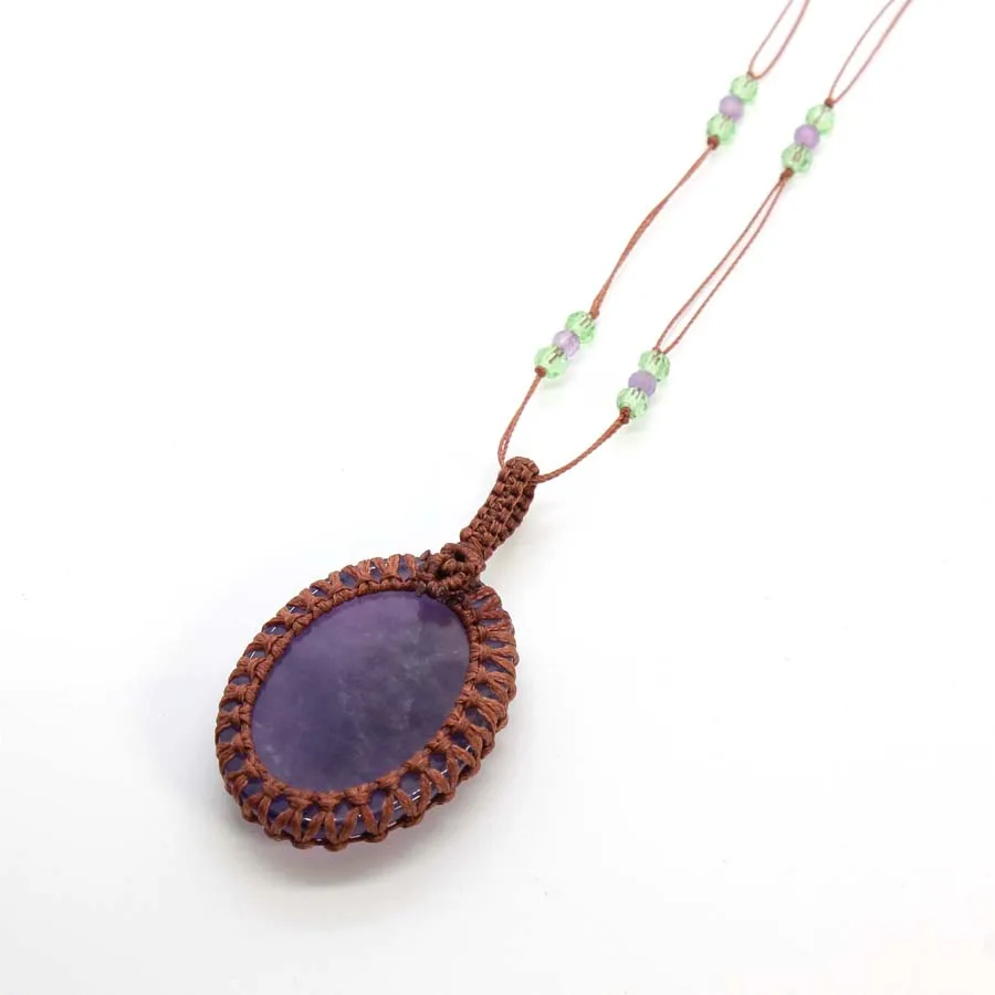 Handmade Braided Macrame Crystal Stone Pendant Necklace For Women Natural Amethyst Quartz Rope Weave Adjustable Chain Jewellery
