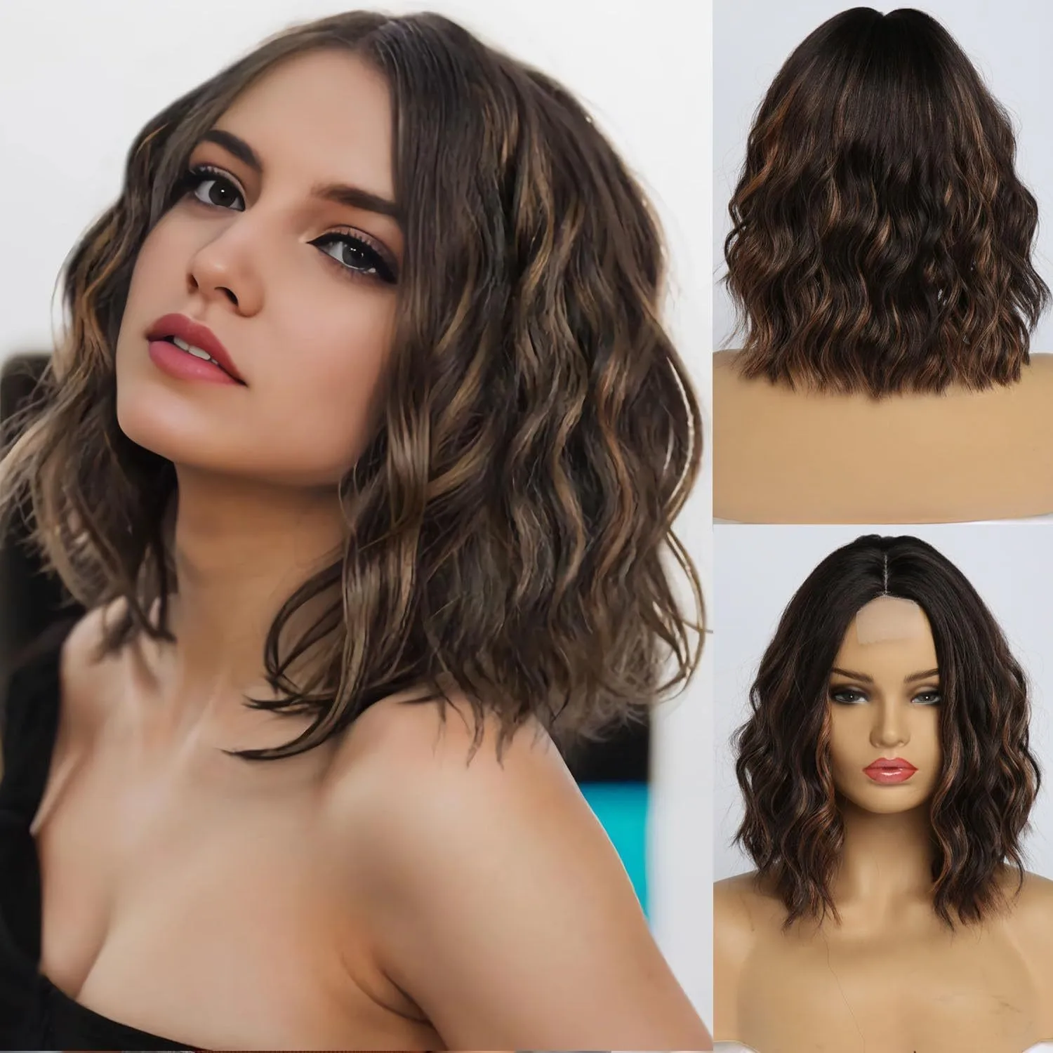 

025 Trendy Lace Front Synthetic Wigs for Women Ombre Brown Medium Length Wavy Heat Resistant Fiber capless wigs