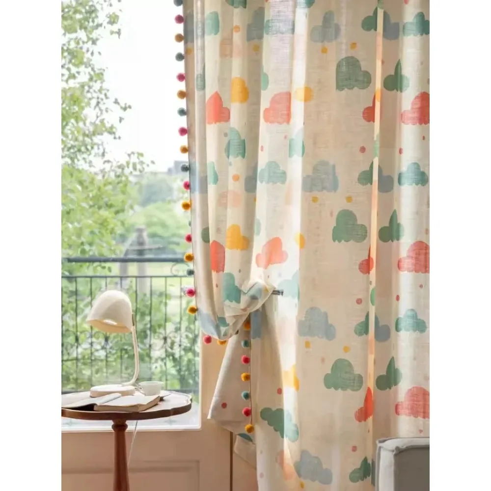 Customized cute cartoon patterns, featuring colorful clouds, sun, moon and stars, on cotton fabric for bedroom window decoration
