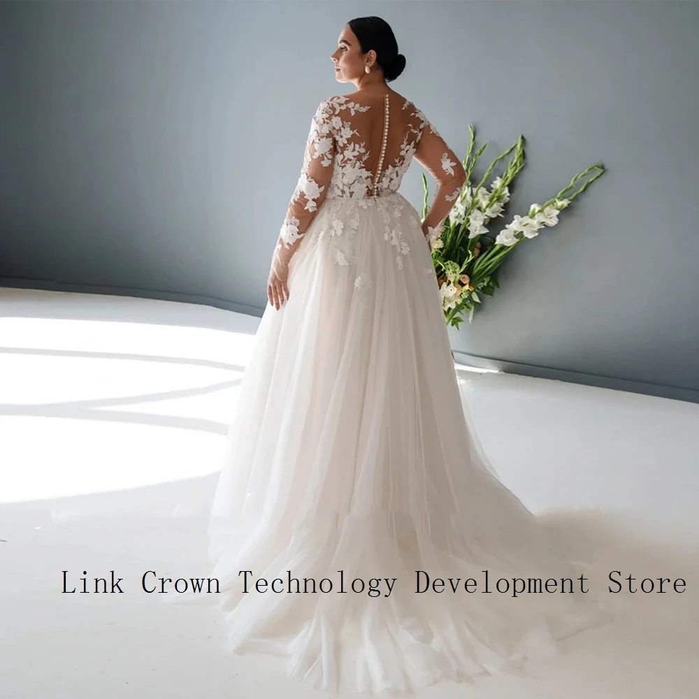 Charming Plus Size Wedding Dresses with Lace Floor Length Full Sleeve Soft Tulle Champagne Bridal Gowns Robe De Mariée