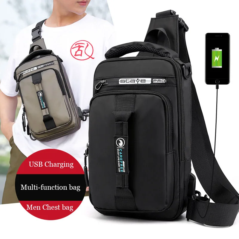 HVTIL Fashion Men Chest Bag USB Charging Male Sling Luxury Waterproof Single Shoulder Pack For Travel Leisure Nylon Soft Bolsas