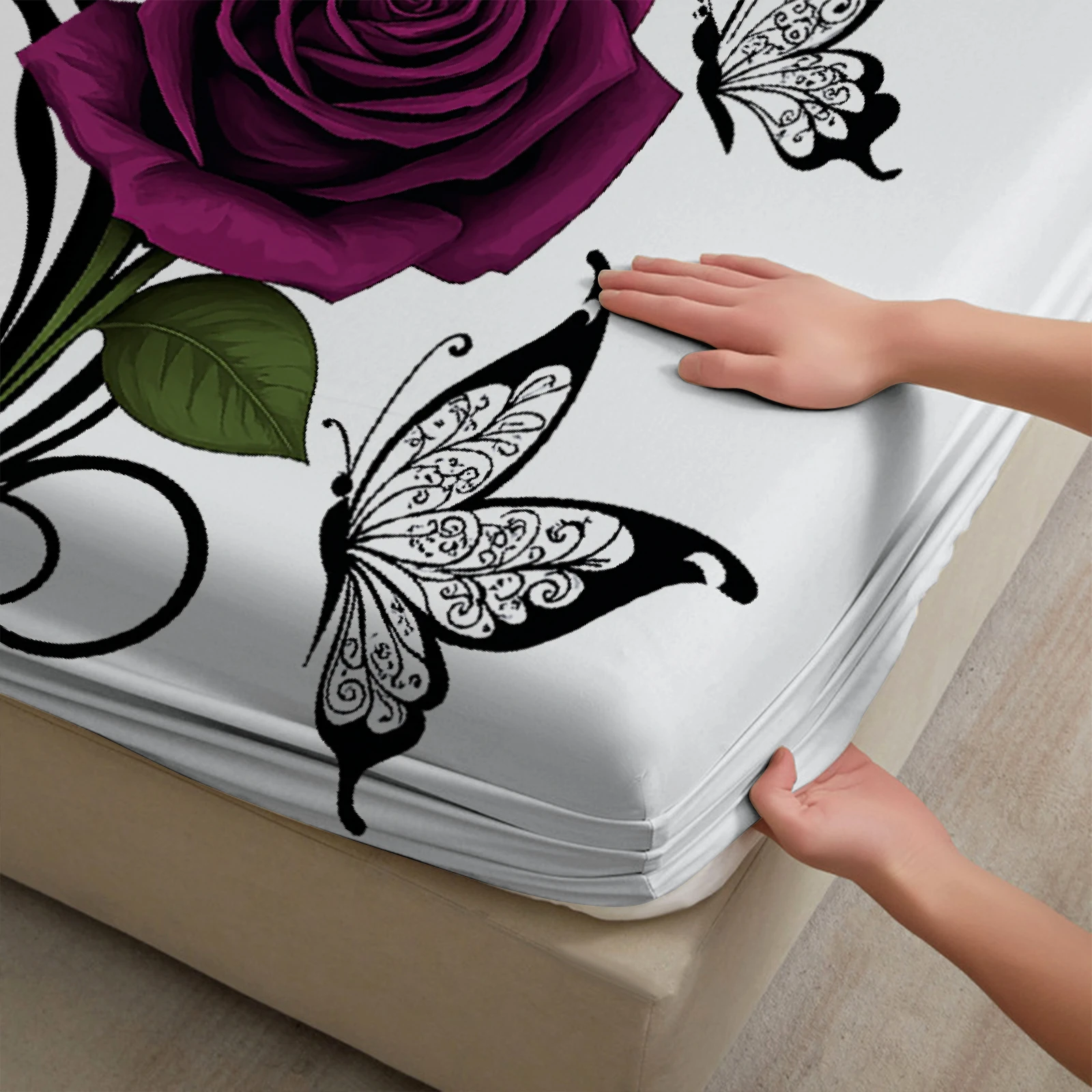 1pc Butterfly Rose Print Fitted Sheet 100% Polyester Durable Bedding Set Sheet for Home Bedroom Decoration Birthday Gift
