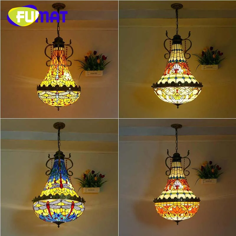 

FUMAT Tiffany style stained glass European vintage chandelier for hotel living room dining room bedroom LED decor Pendant lamp