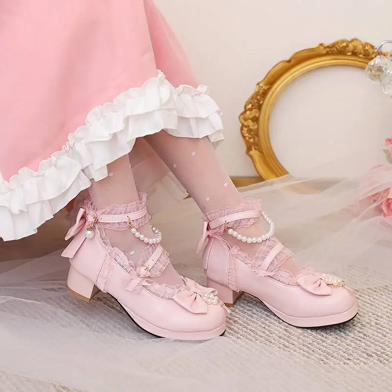 ANOVISHANA Women Pumps Round Toe Block Heel 5cm Buckle Strap Bowknot Beads Lolita Style Big Size 41 42 43 Sweet Cute Girls Shoes