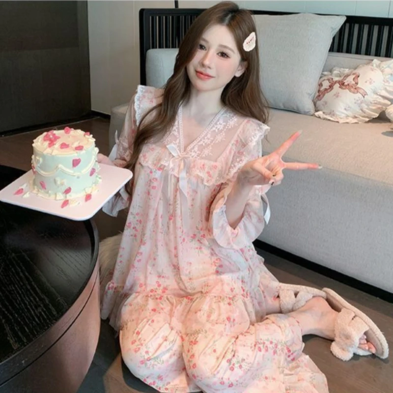 

Women's Spring and Autumn Soft and Comfortable Internet Celebrity Mesh Lace Pajamas Women's Loose Loungewear Pink Floral Pajamas