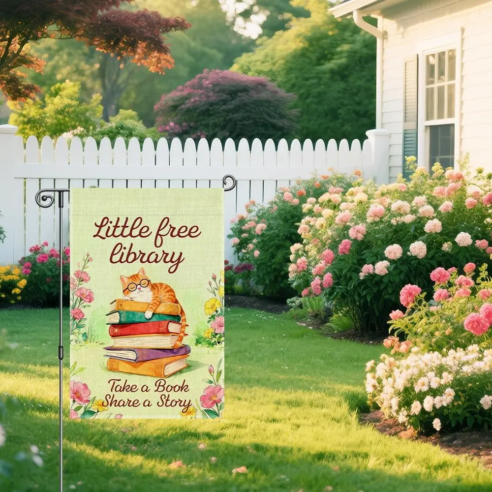 Little Free Library Take a Book Share a Story Funny Garden Flag, Library Yard Sign, Cat Lover Gifts for Book Lover Bookworm  PPM