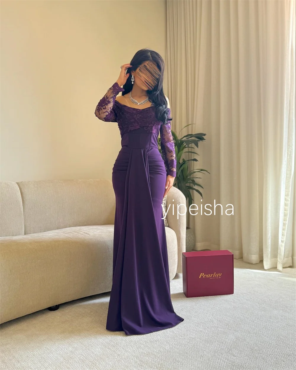 Customized Matching Jersey Pleat Trumpet Off-the-shoulder Long Dresses Homecoming Dresses High Quality Exquisite Fashion