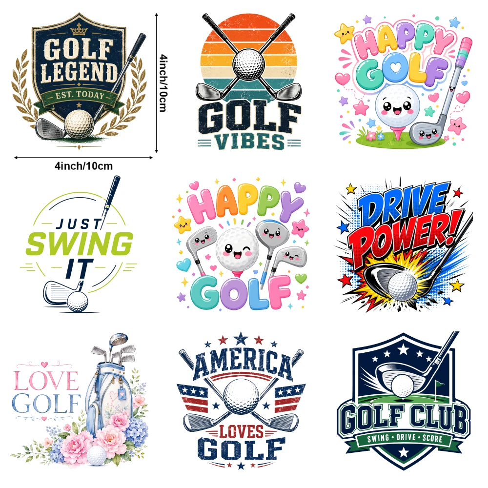 9-pack of golf-themed heat-transfer decals, suitable for clothing, T-shirts, and washable heat transfer stickers.