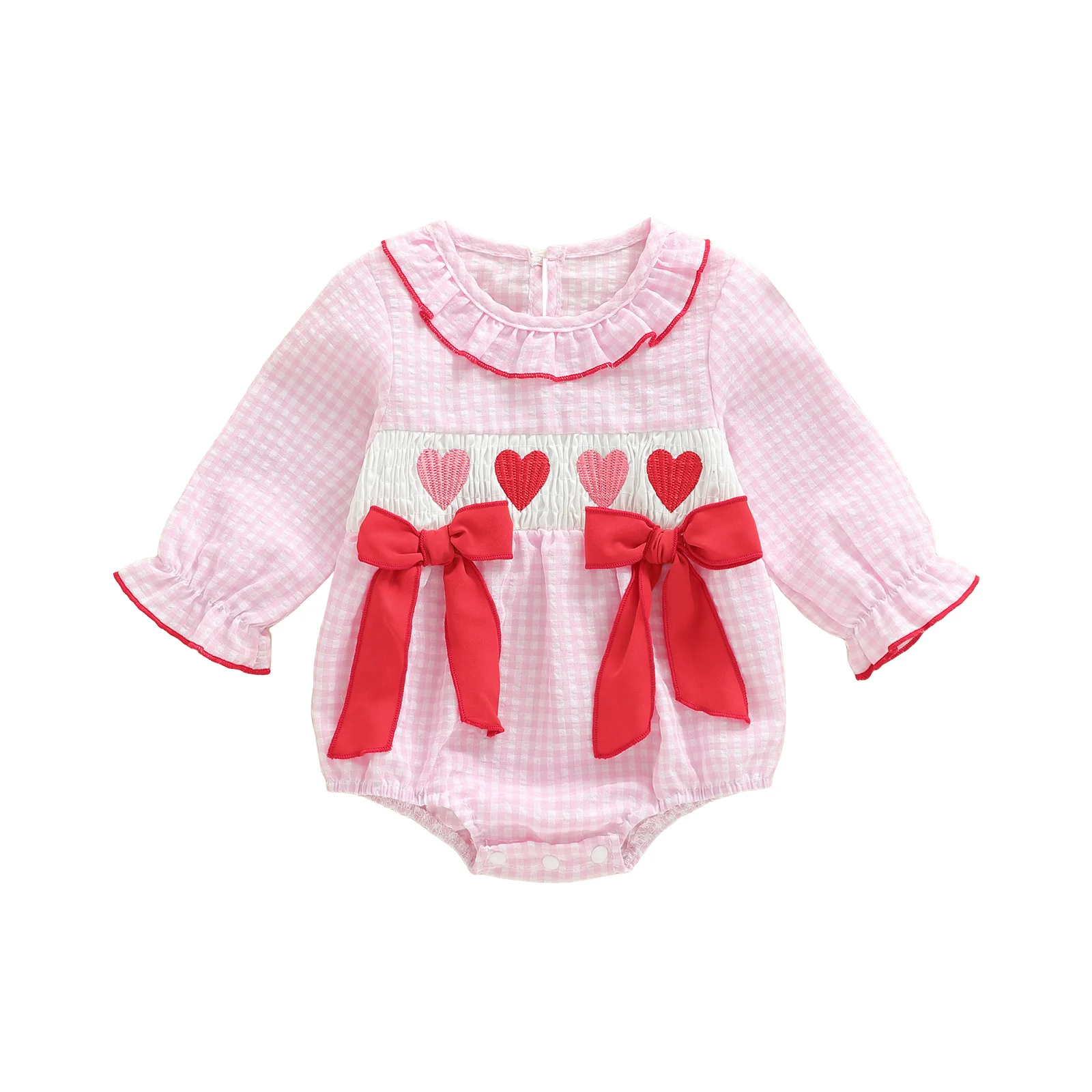 Valentine's Day Infant Baby Rompers Cute Long Sleeve Round Neck Plaid Pattern Bow Heart Embroidery Jumpsuit
