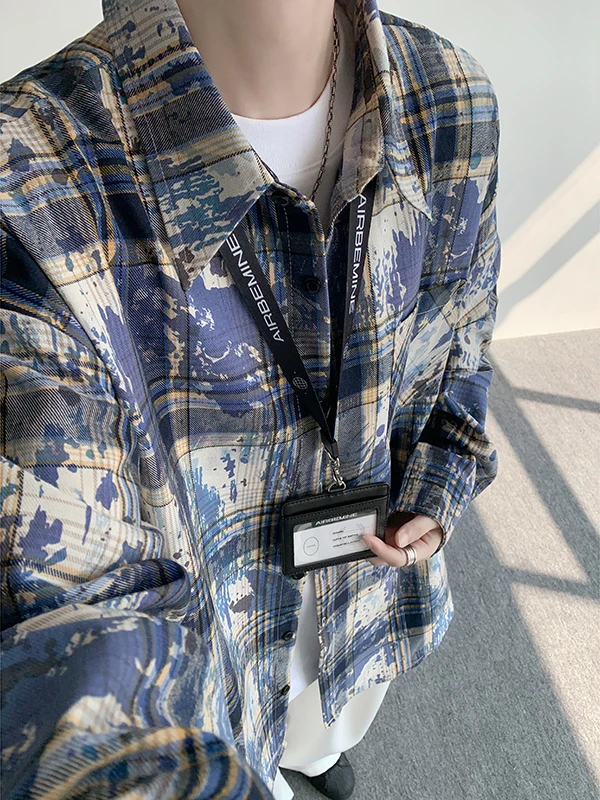 

TANGZ Studio: Мужская повседневная рубашка в американском стиле High Street, синяя, в клетку, с длинным рукавом, для пар, дышащая, из хлопка и полиэстера