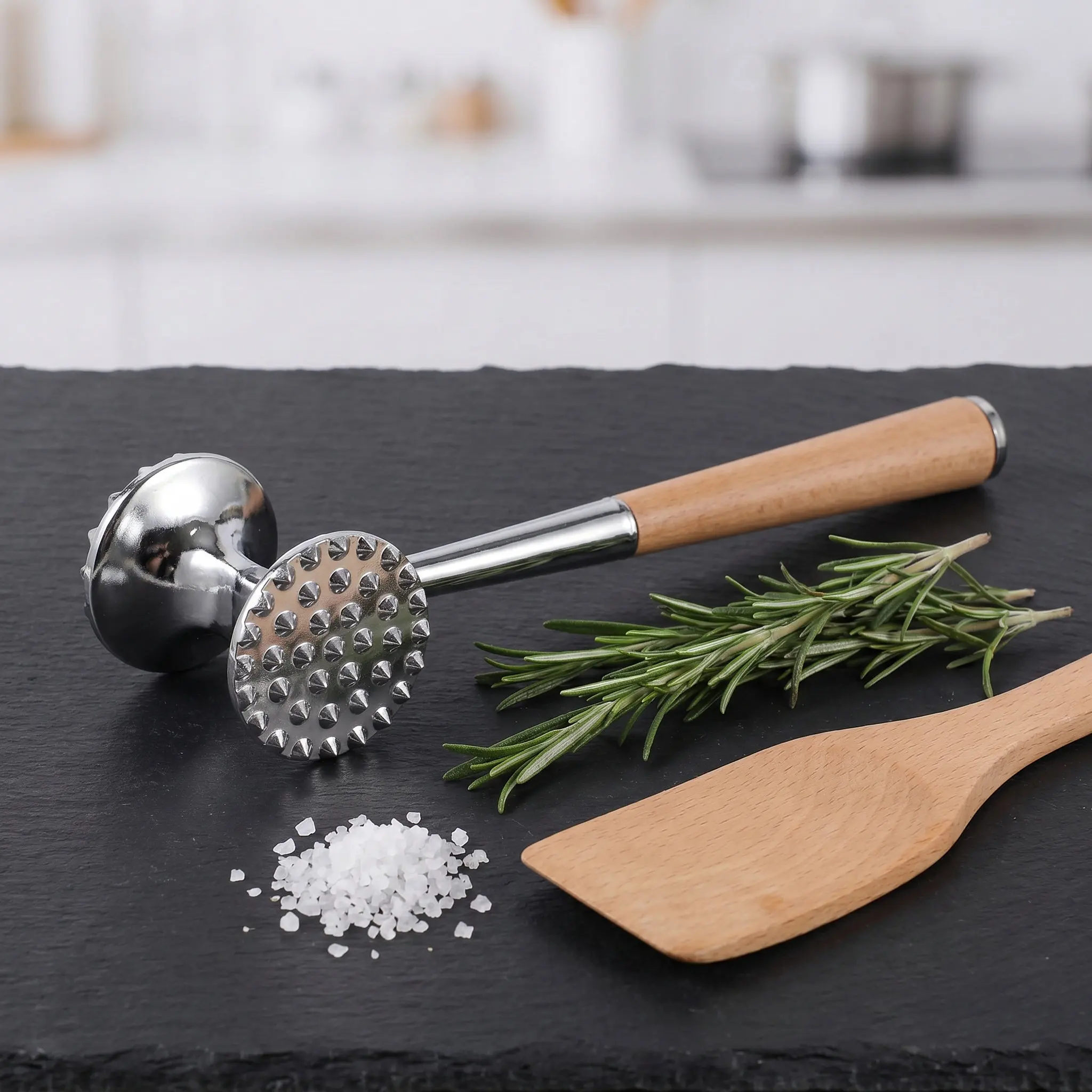 Dual-Sided Stainless Steel Meat Tenderizer Meat Mallet Wooden Handle Beef Chicken Steak Flattening Tool Kitchen Utensil