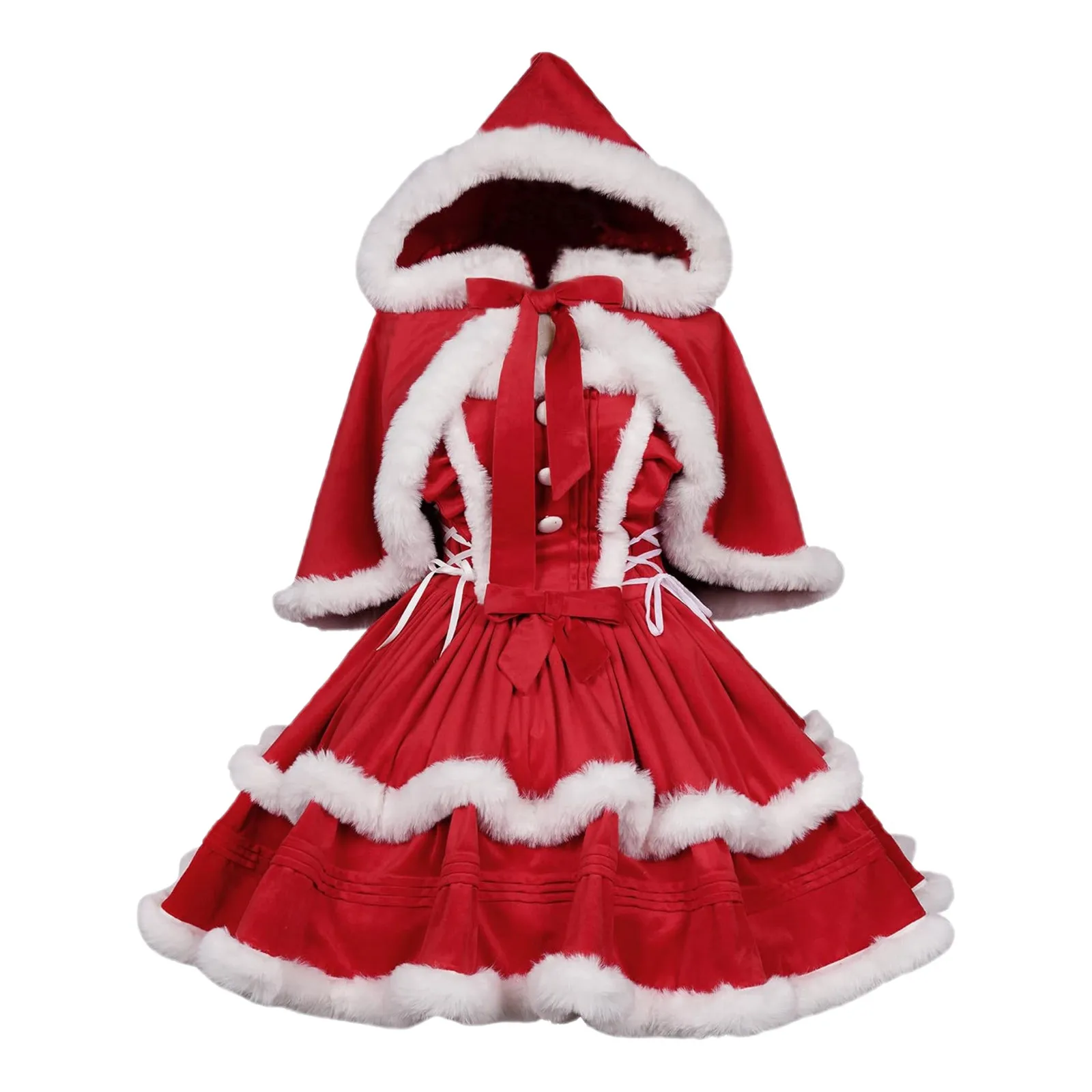 Christmas Red Riding Hood Cosplay Costume Women Dress Santa Outfit Square Neck Strap Dress With Cape Xmas Party Wear Dress Up