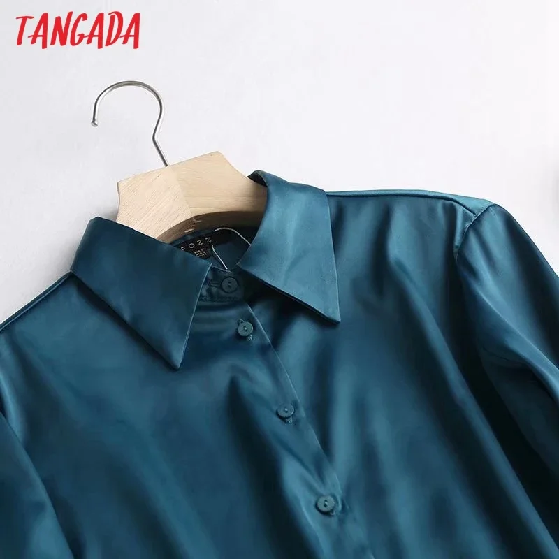 Tangada women solid satin shirts long sleeve solid turn down collar elegant office ladies high quality tops blouses 4C55