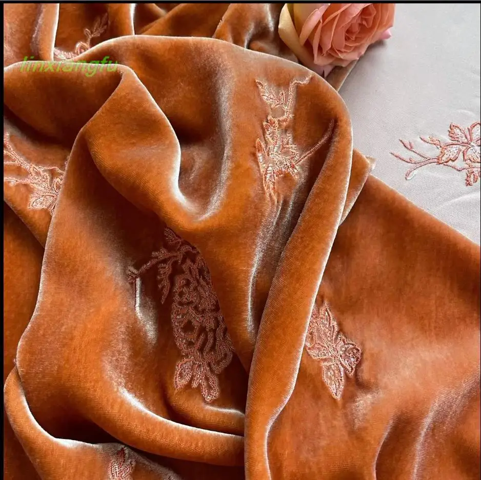 Real velvet embroidered fabric, Qipao jacket autumn and winter clothing fabric, rose caramel color