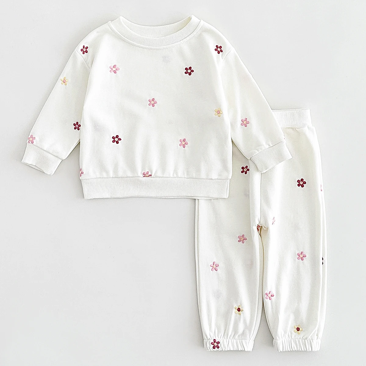 2024 Winter Baby Clothes Set Warm Pure Cotton Warm Fall Basic Clothes Flower Embroidery Split Two-Piece Set Baby Girls Homewear