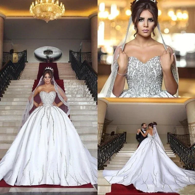 Customized Nigerian Dubai Arabic Ball Gown Bling Beading Sequins Wedding Dresses Plus Size Sweetheart Backless Sweep Train Brida
