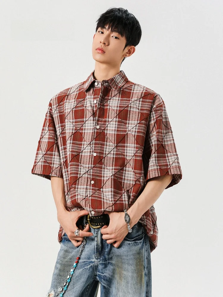 MMOPTOP American Plaid Short Sleeve Loose Men's Shirt Summer Design Versatile Half Sleeve Shirt Jacket Top for Youth