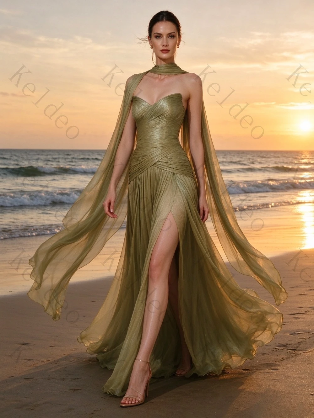 Customized Exquisite Sweetheart A-line Evening Gowns Shawl Sleeveless Backless High Slit Pleated Trailing New Party Prom Dresses