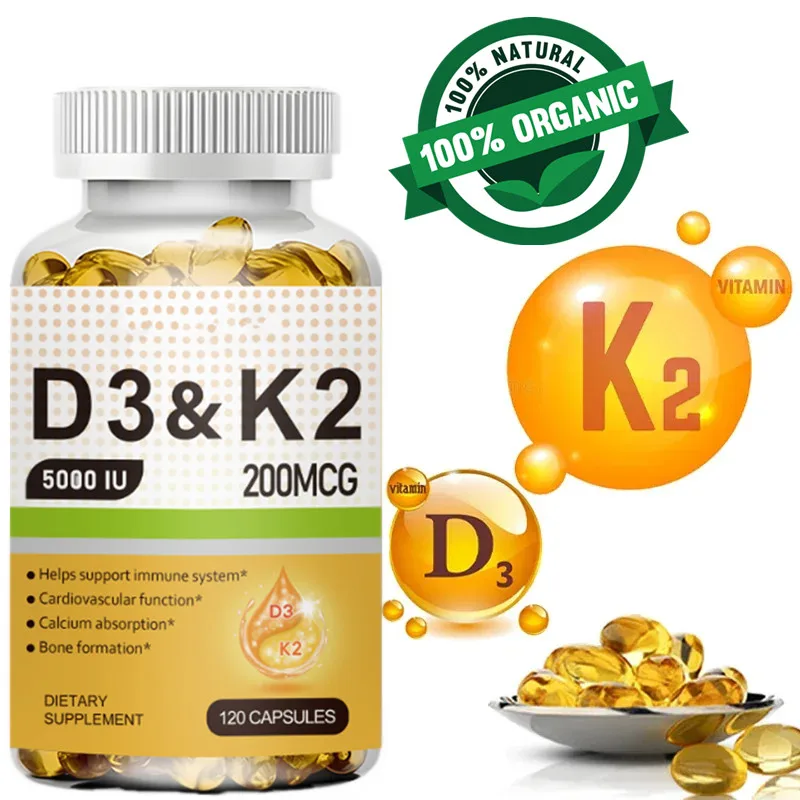 

D3+K2 Vitamin D3 5000IU and 200 Mcg Vitamin K2 (MK-7) Vegan Capsules for Bone Density,teeth,skin,heart Health and Immunity.