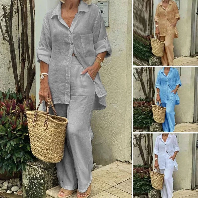 Camicia di lino da donna alla moda, completo di pantaloni, tuta da donna, abiti eleganti, colletto polo allentato casual, pantaloni a maniche lunghe, set da 2 pezzi