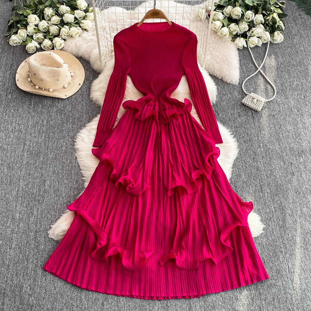 

Celebrity Heavy Industry Ruffle Edge Pleated Long-sleeved Dress Women's Spring and Summer New Elastic Waist Slim Long Skirt