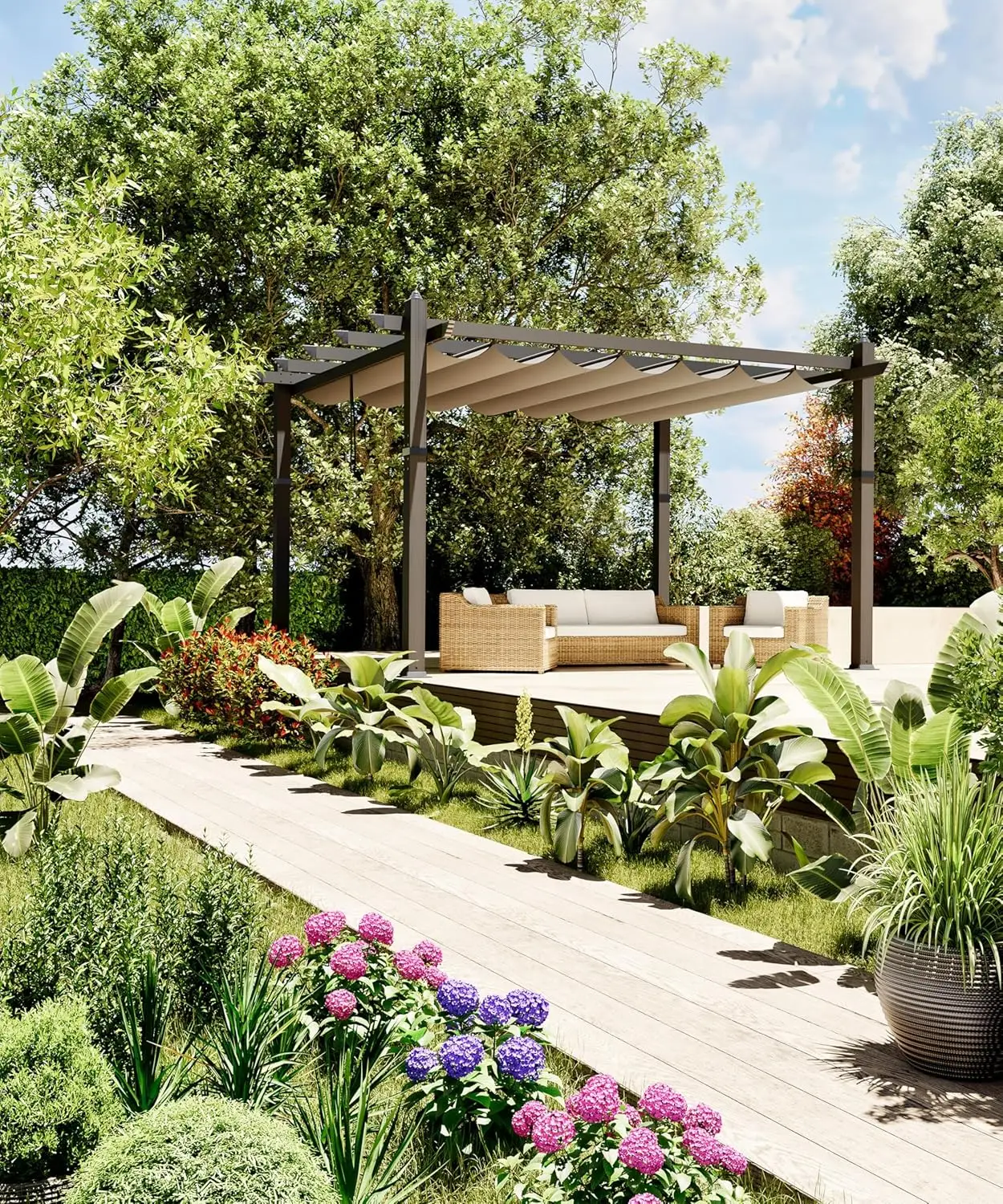 

10' X 13' Outdoor Wood Grain Aluminum Heavy Duty Pergola with Sun Shade Canopy Applicable to Garden Porch Beach Pavilion Grill G