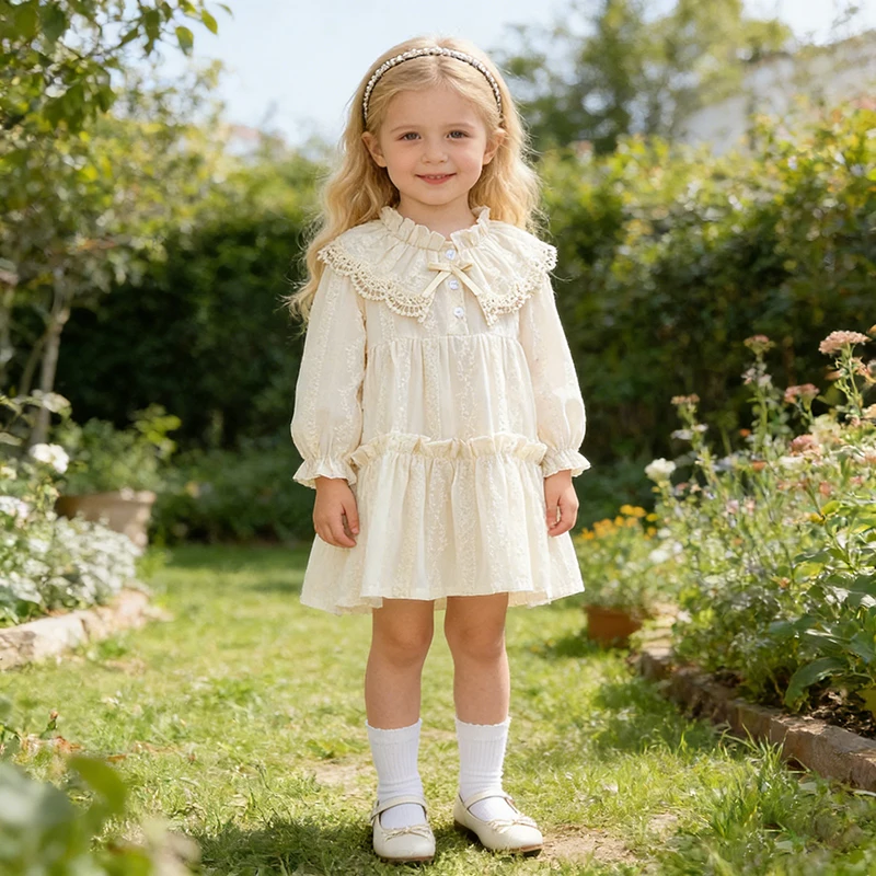 Baby Mädchen Kleid Mädchen süßes Mädchen Kleid Rüschen besatz Langarm Kleid Spitze Kragen ausgehen Freizeit kleider Geschenk kleine Kleidung