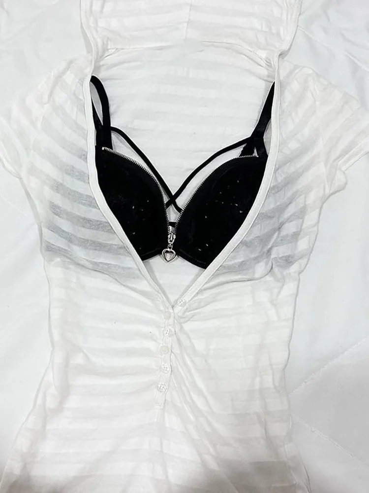 Floral End American Retro Y2K Spicy Girl White Stripes Hoodie T-irt Slim Fit Cotton ort Sve Summer Faion for Women