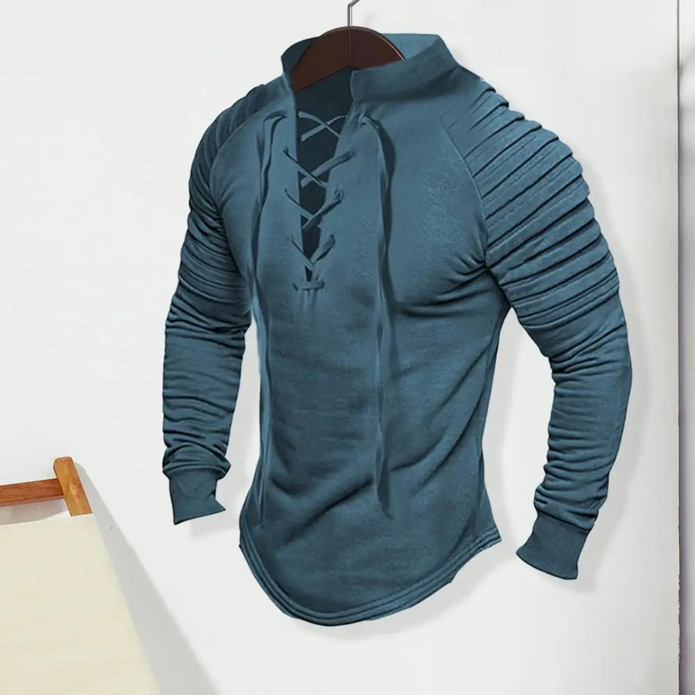 Slim Fit T-shirt Vintage Men's Stand Collar Lace-up Pullover with Pleated Long Sleeves Slim Fit Solid Color for Streetwear