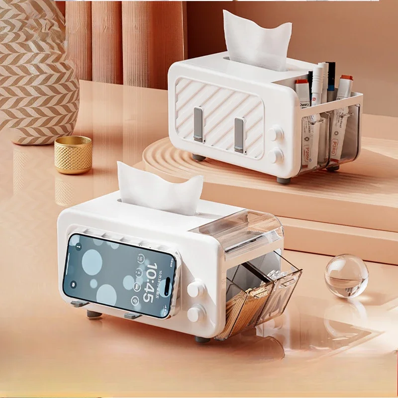 Minimalist Style Tissue Box High End Creative Living Room Multifunctional Office Paper Drawer Box Phone Holder Storage