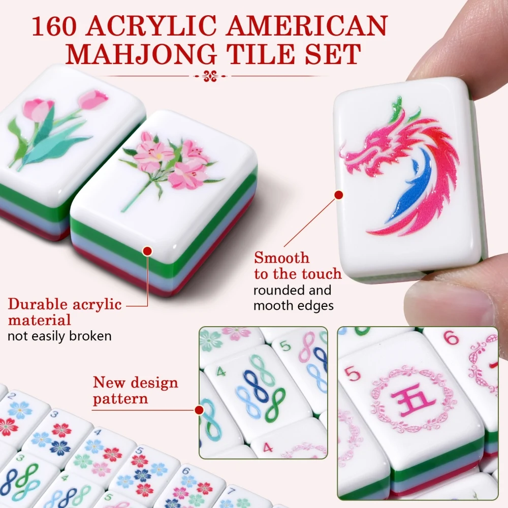 New 160pcs American Mahjong Set Acrylic Engraved Tiles Hand Shuffling Mah Jongg Travel Sets for Family Board Games Social Club